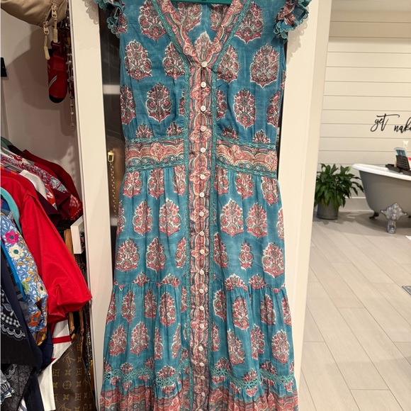 HUNTER BELL Dresses & Skirts - Blue and Pink V-Neck BELL Maxi Sundress with Flutter Cap Sleeves